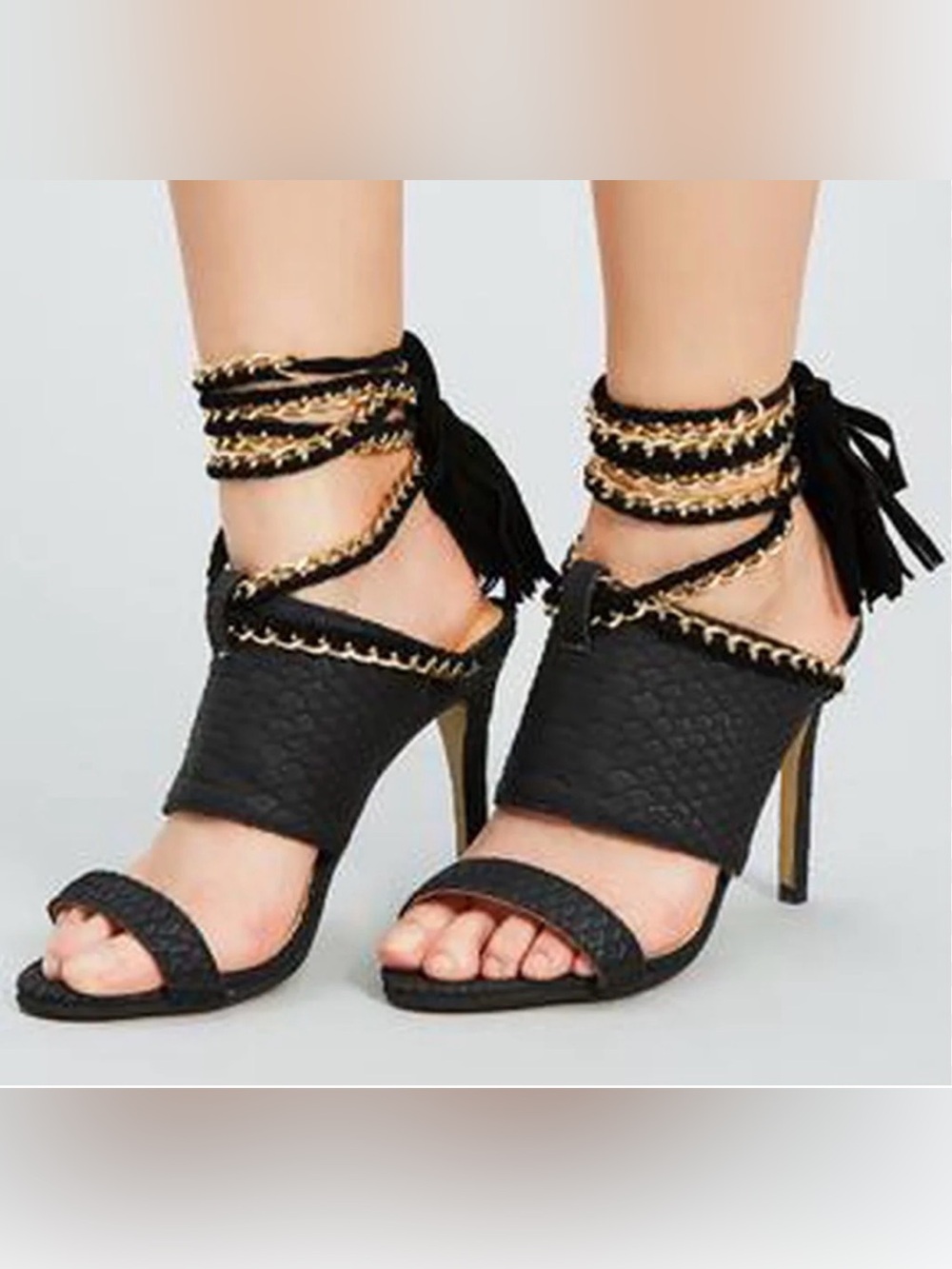 Azalea Wang Open-toe Embossed Gold Chain Ankle Strap Stiletto High Heels Size: 9